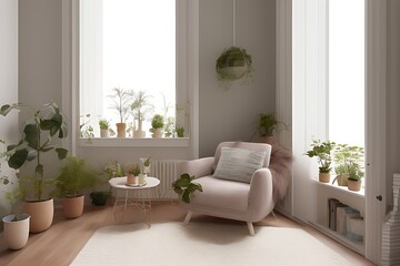 Stylish Armchair and Diffrent Potted Plants, Big Window, Minimalist Interior Design