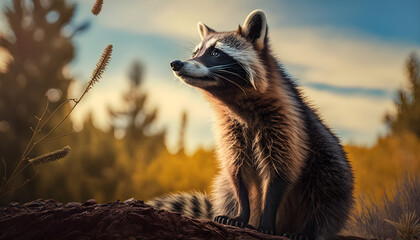 Obraz premium Raccoon in the wild Raccoon side view, golden hour