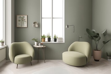 Naklejka na ściany i meble Stylish Armchair and Diffrent Potted Plants, Big Window, Minimalist Interior Design