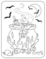 Halloween. Cauldron with potion. Toadstools in the cauldron. Moon and bats. Vector illustration.Coloring book.