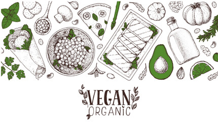 Vegan food frame. Hand drawn vector illustration. Menu design template. Vegan food sketch. Vintage design template. Product design. Great for packaging, recipe book, menu. Vegetarian food sketch.