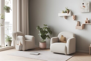 Stylish Armchair and Diffrent Potted Plants, Big Window, Minimalist Interior Design