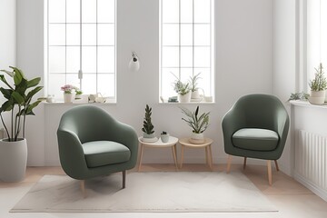 Stylish Armchair and Diffrent Potted Plants, Big Window, Minimalist Interior Design