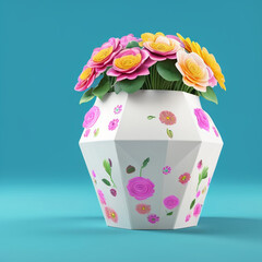 Illustration image of flowers in a white vase. Blooming flowers with green leaves. Pastel color background. 