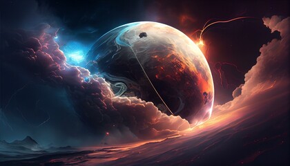 Obraz na płótnie Canvas A beautiful view of a planet with a massive storm system, with swirling clouds and intense lightning visible. Generative AI