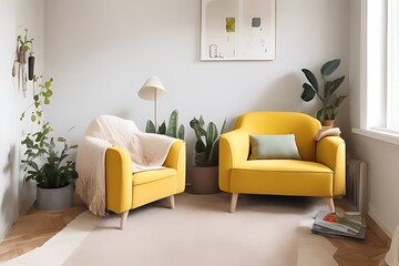 Stylish Armchair and Diffrent Potted Plants, Big Window, Minimalist Interior Design