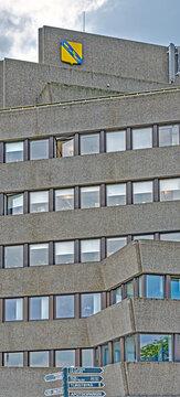 city hall, high-rise building with facade made by washed concrete slabs at Vetlanda, Sweden