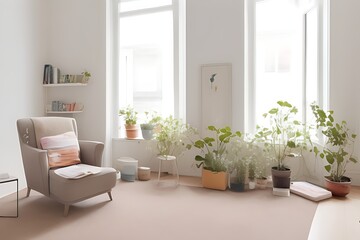 Stylish Armchair and Diffrent Potted Plants, Big Window, Minimalist Interior Design