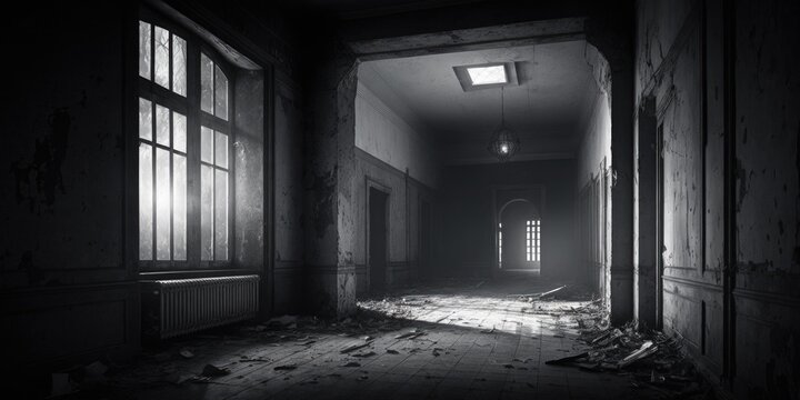 old abandoned building, lost place, black and white illustration