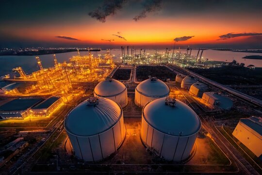 oil refinery at sunset, generative ai