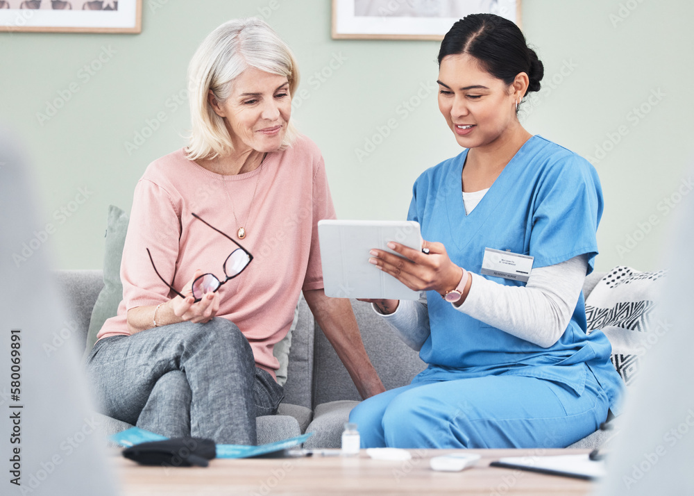 Poster See... your results look good. Shot of a female nurse using a digital tablet while sitting with her patient.