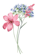 Naklejka na ściany i meble Flower bouquet, watercolor painting wildflowers. Digital illustration.