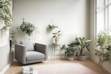 Stylish Armchair and Diffrent Potted Plants, Big Window, Minimalist Interior Design