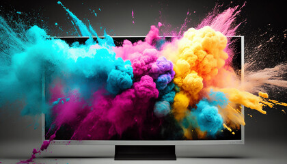 TV display with colorful powder paint explosion. Generative AI.