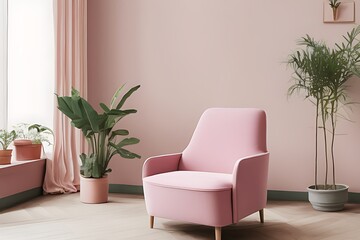 Stylish Armchair and Diffrent Potted Plants, Big Window, Minimalist Interior Design