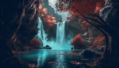 majestic waterfall in a beautiful forest (Generative Ai)