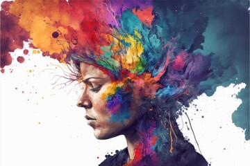 Explosion of colors out of an artist in concept of creative and art inspiration. Element of blending mixed watercolor technique. Finest generative AI. - obrazy, fototapety, plakaty
