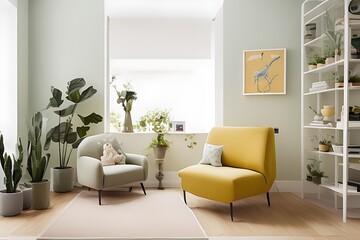 Obraz premium Stylish Armchair and Diffrent Potted Plants, Big Window, Minimalist Interior Design