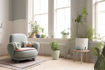 Stylish Armchair and Diffrent Potted Plants, Big Window, Minimalist Interior Design
