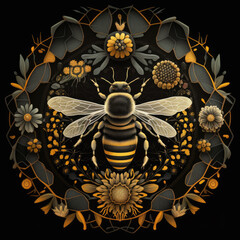 Colorful ornate honey bee mandala art on a black background. Created with Generative AI technology.