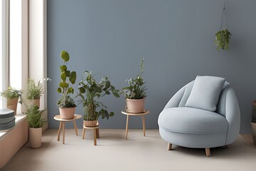 Stylish Armchair and Diffrent Potted Plants, Big Window, Minimalist Interior Design