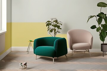 Stylish Armchair and Diffrent Potted Plants, Big Window, Minimalist Interior Design
