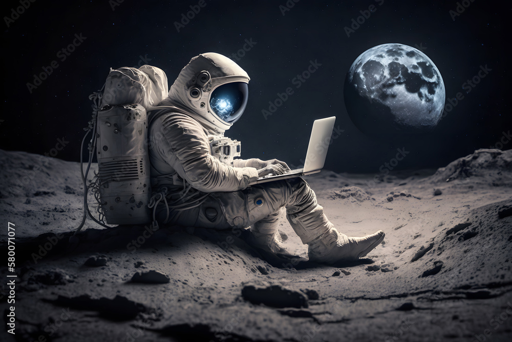 Wall mural astronaut in outer space working on a laptop. neural network ai generated art
