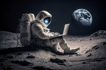 Astronaut in outer space working on a laptop. Neural network AI generated art - obrazy, fototapety, plakaty