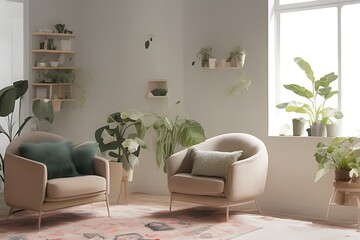Stylish Armchair and Diffrent Potted Plants, Big Window, Minimalist Interior Design