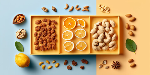 A variety of nuts of different colors and shapes arranged on a bright background, perfect for food, cooking, and healthy lifestyle designs