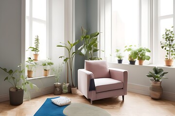 Stylish Armchair and Diffrent Potted Plants, Big Window, Minimalist Interior Design