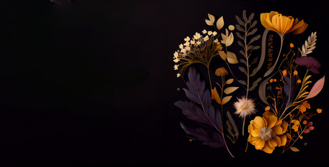 Botanical illustration. Herbarium of autumn flowers on a black background. Generative AI.