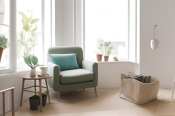Stylish Armchair and Diffrent Potted Plants, Big Window, Minimalist Interior Design