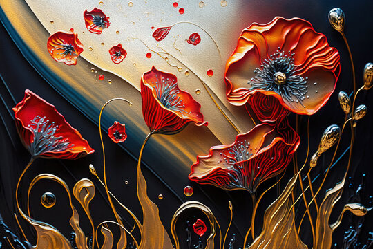 Abstract  Digital Oil Painting of Red Poppy Flowers  .AI generated Illustration.