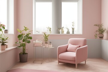 Stylish Armchair and Diffrent Potted Plants, Big Window, Minimalist Interior Design