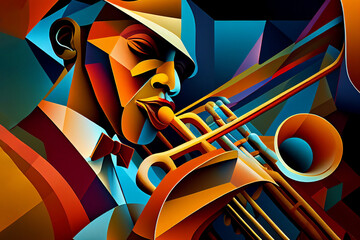 Afro-American male jazz musician trombonist playing a brass trombone in an abstract cubist style painting for a poster or flyer, computer Generative AI stock illustration