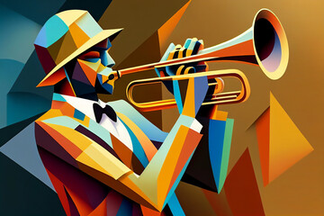 Afro-American male jazz musician trombonist playing a brass trombone in an abstract cubist style painting for a poster or flyer, computer Generative AI stock illustration - obrazy, fototapety, plakaty
