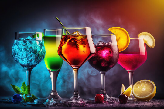 Row of Colorful Cocktail Drinks . AI generated Illustration.