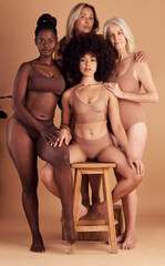 Beauty, diversity and portrait of body positive women, girl friends and senior woman relax together on studio background. Group solidarity, empowerment and confident lingerie people with self love - obrazy, fototapety, plakaty