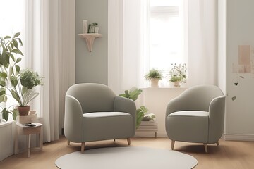 Stylish Armchair and Diffrent Potted Plants, Big Window, Minimalist Interior Design