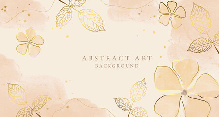 Abstract art background vector. Luxury minimal style wallpaper with golden line art flower and botanical leaves, Organic shapes, Watercolor. Vector background for banner, poster, Web and packaging.