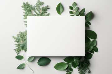 Blank white card green leaves on white background. Illustration AI Generative