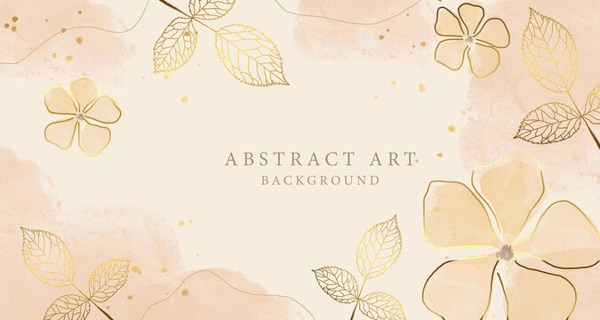 Abstract art background vector. Luxury minimal style wallpaper with golden line art flower and botanical leaves, Organic shapes, Watercolor. Vector background for banner, poster, Web and packaging.
