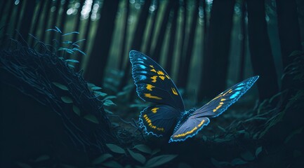 Fototapeta na wymiar A Bioluminescent Butterfly Glow in the Forest Generative Ai