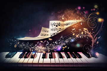piano and music notes on the background. Illustration AI Generative