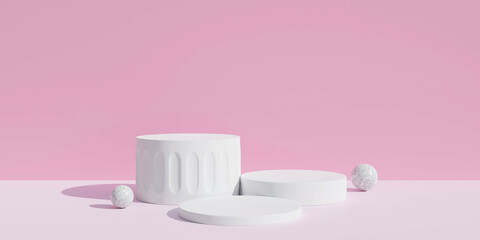 Geometric platform show cosmetic product.3D display podium on pink background.Stand Minimal mockup for presentation.Abstract pink background concept and white stone texture.Stage showcase.3D rendering