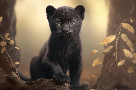 Cute little black panther cub. Generative Ai.