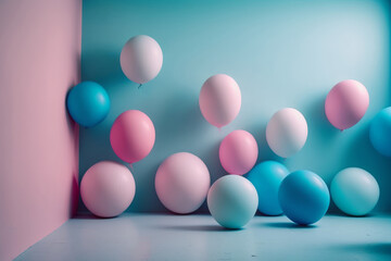 Blue balloons floating in the studios pink pastel background. Illustration AI Generative