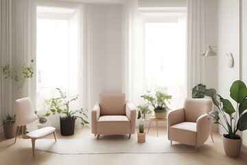 Fototapeta premium Stylish Armchair and Diffrent Potted Plants, Big Window, Minimalist Interior Design