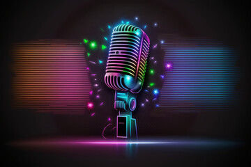 Microphone with bright colorful background. karaoke party. Illustration AI Generative